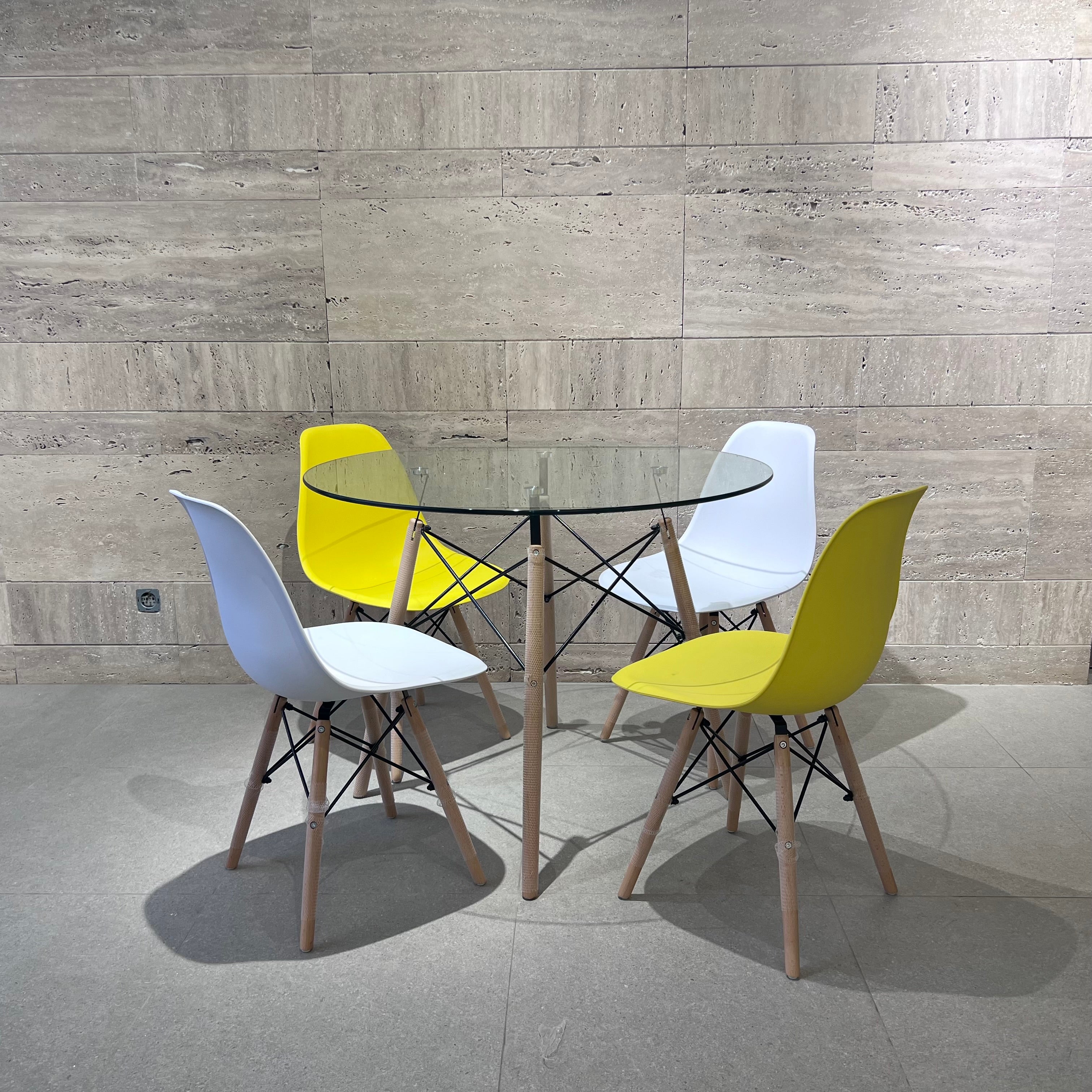 TABLA A MANGER 1M EN VERRE +4 CHAISES SCANDY ( couleurs au choix)