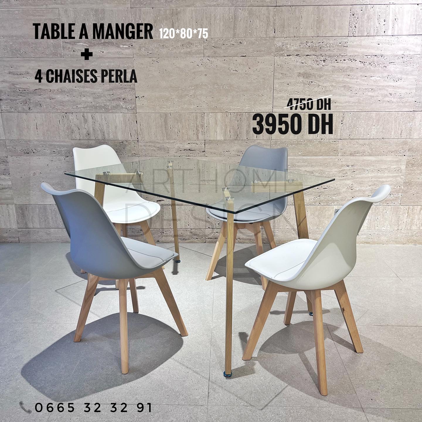 TABLE A MANGER RECTANGULAIRE EN VERRE (L) 120*80 + 4CHAISES PERLA