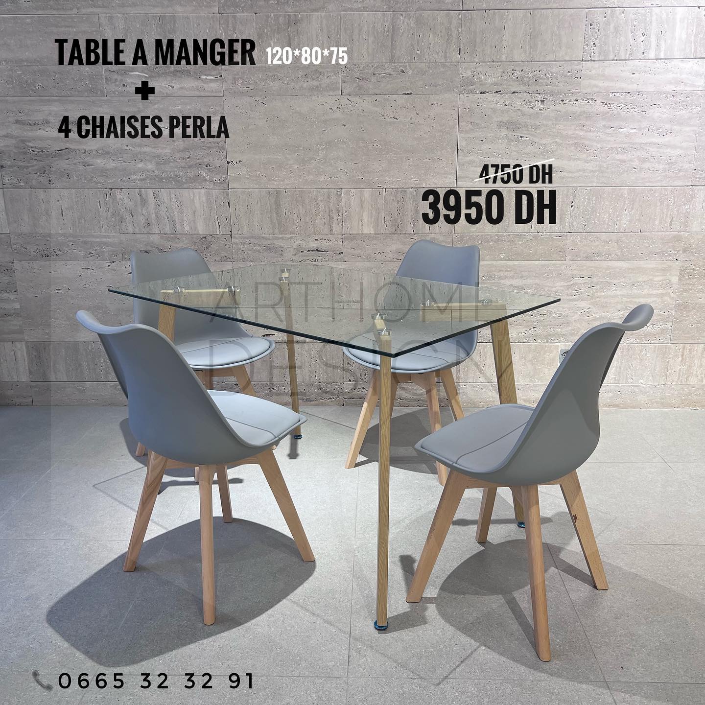 TABLE A MANGER RECTANGULAIRE EN VERRE (L) 120*80 + 4CHAISES PERLA