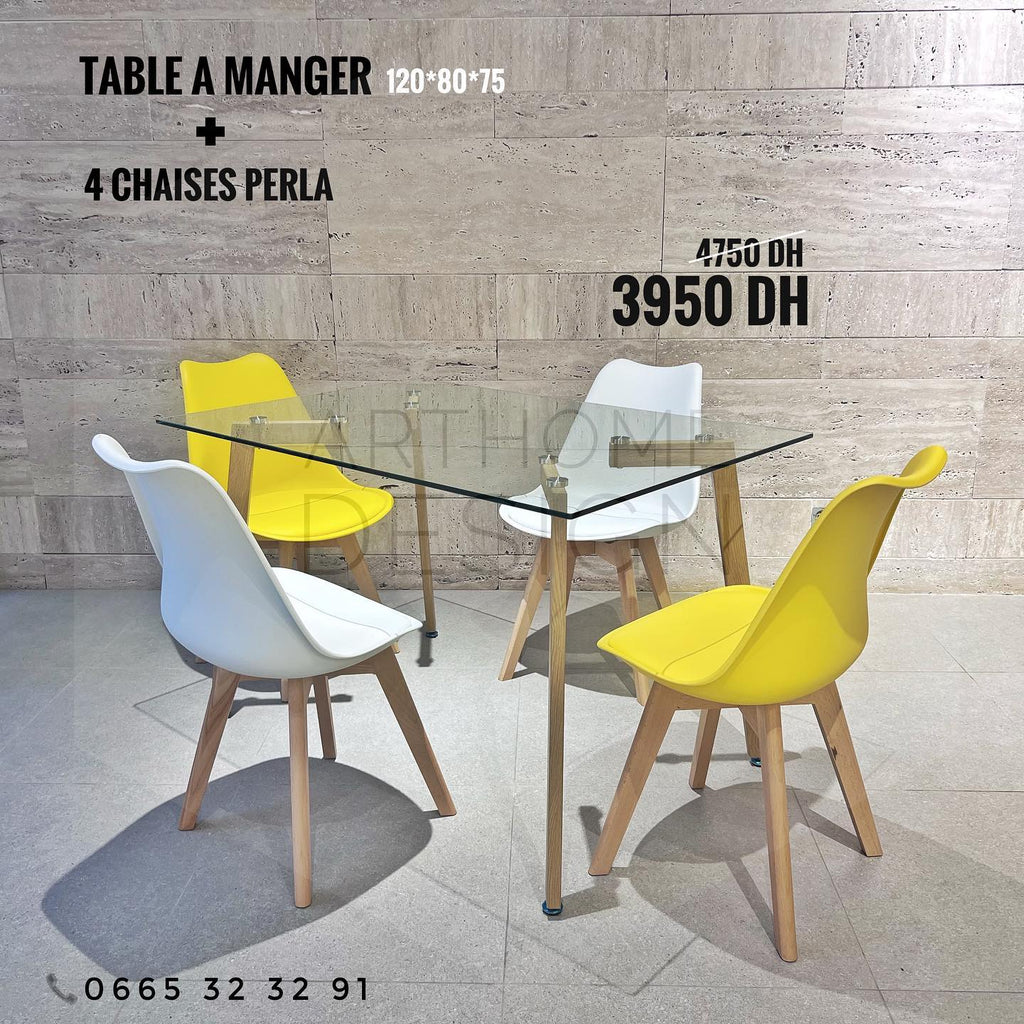 TABLE A MANGER RECTANGULAIRE EN VERRE (L) 120*80 + 4CHAISES PERLA