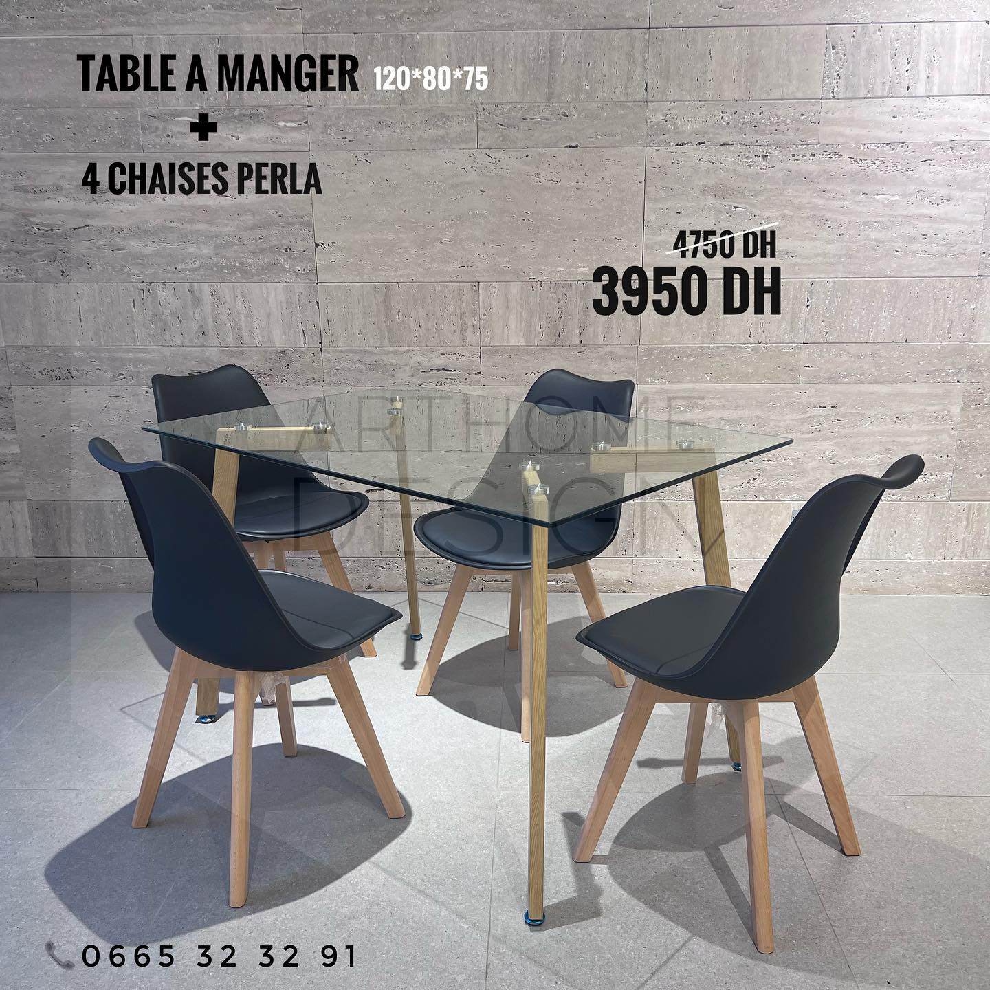 TABLE A MANGER RECTANGULAIRE EN VERRE (L) 120*80 + 4CHAISES PERLA