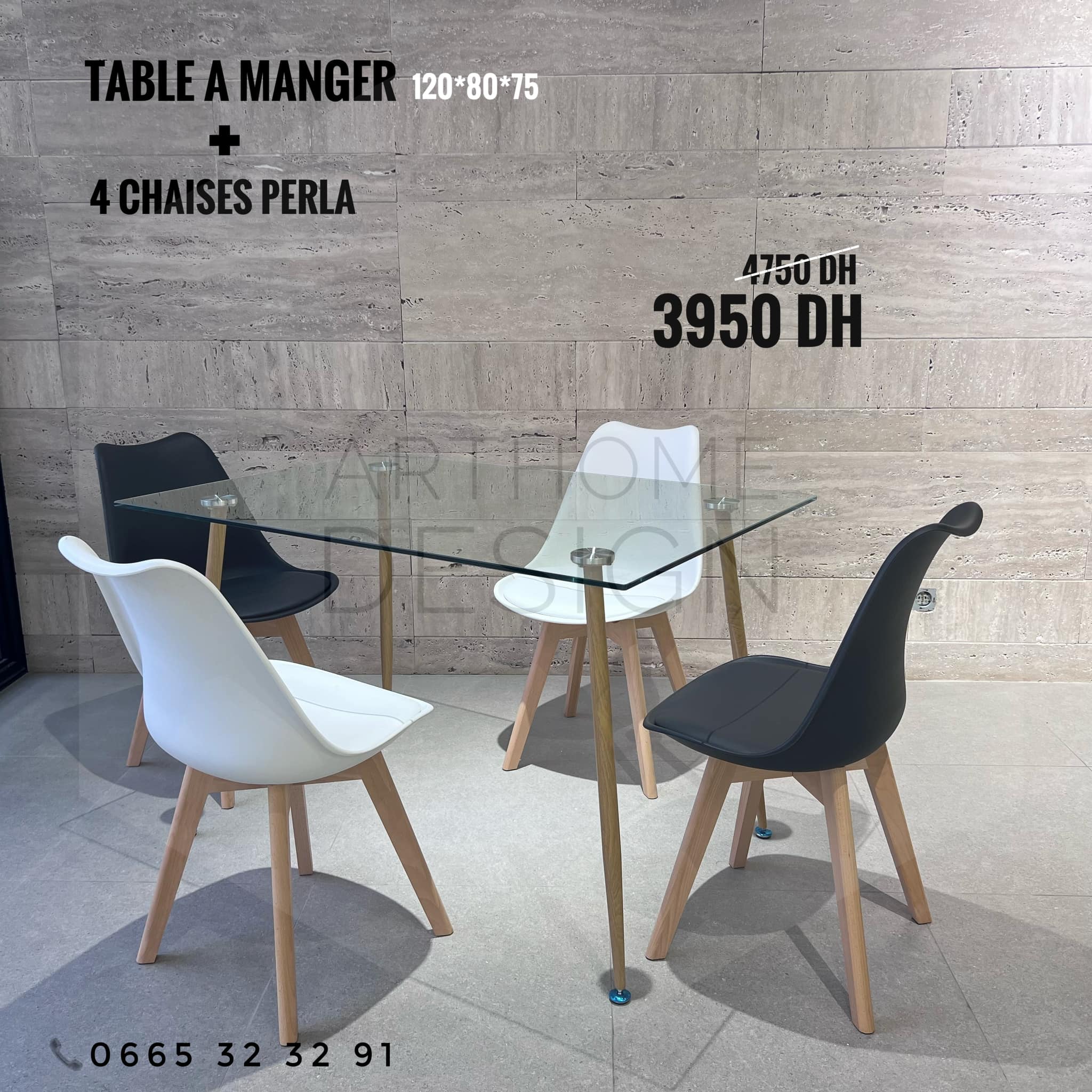 TABLE A MANGER RECTANGULAIRE EN VERRE 120*80 + 4CHAISES PERLA