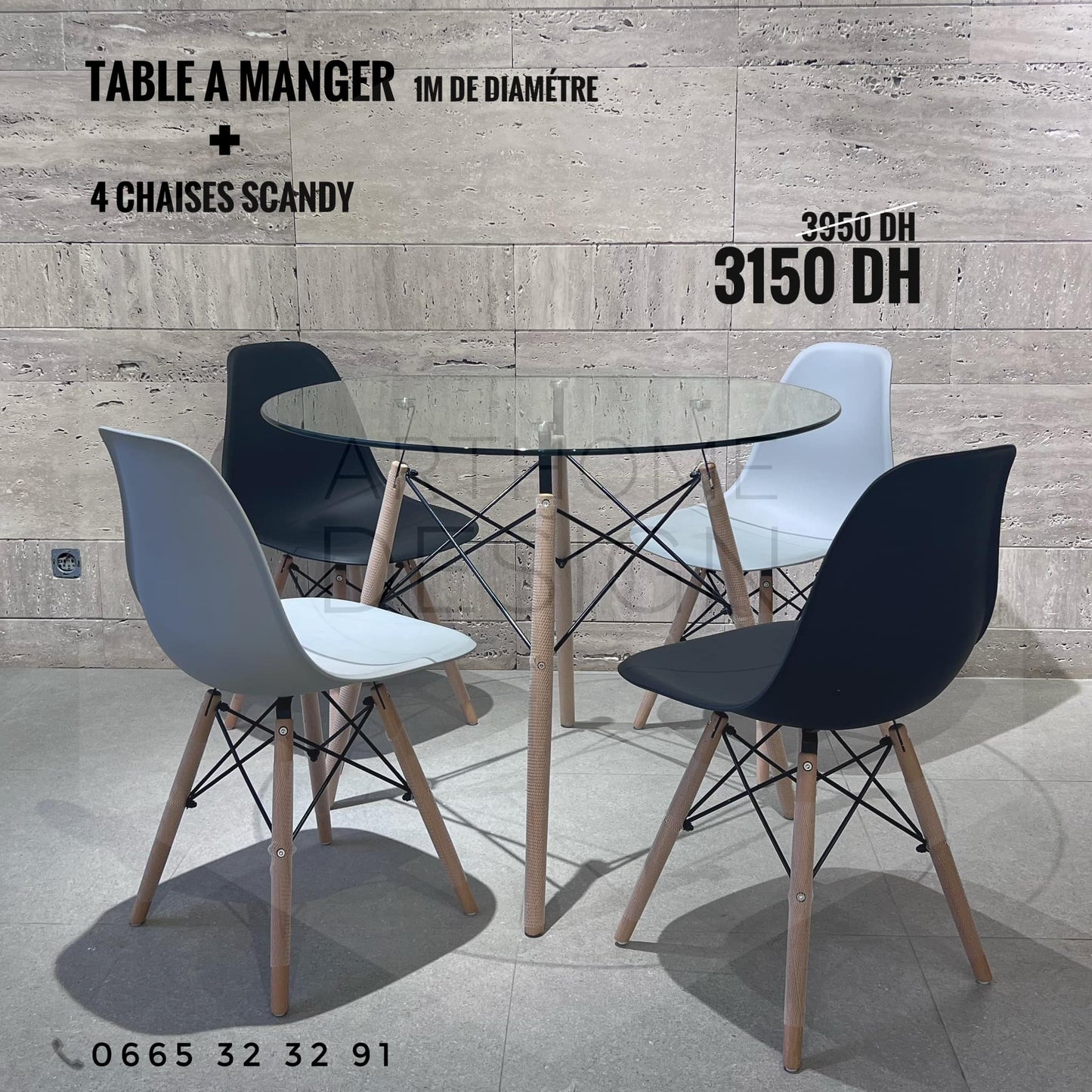 TABLA A MANGER 1M EN VERRE +4 CHAISES SCANDY