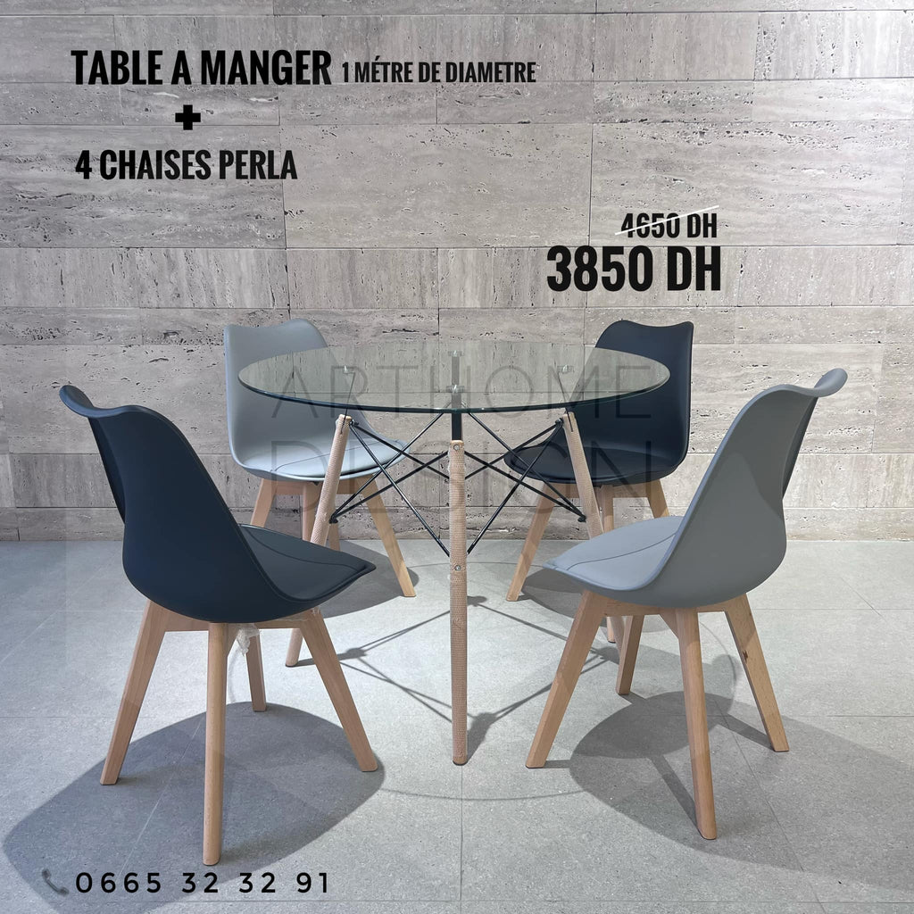 TABLA A MANGER 1M EN VERRE +4 CHAISES PERLA