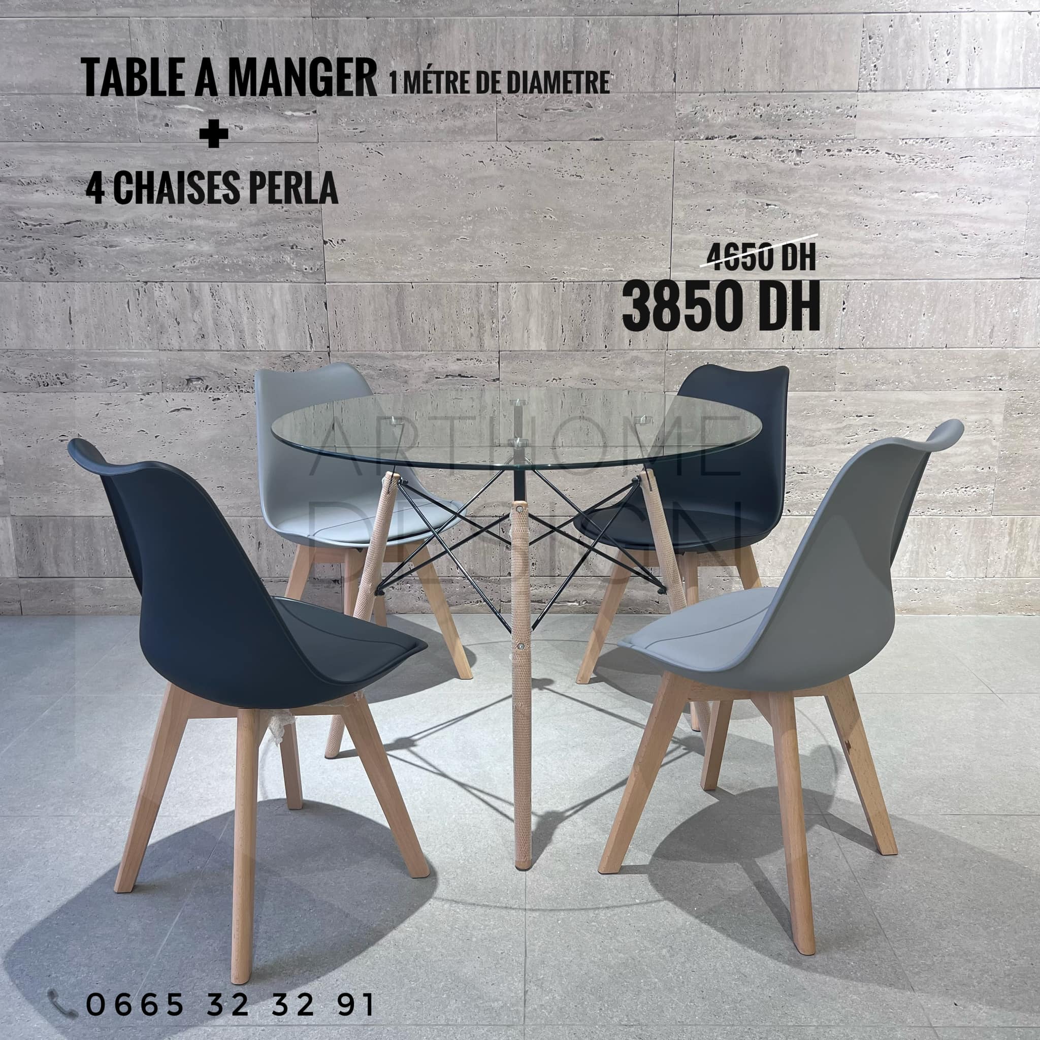 TABLA A MANGER 1M EN VERRE +4 CHAISES PERLA
