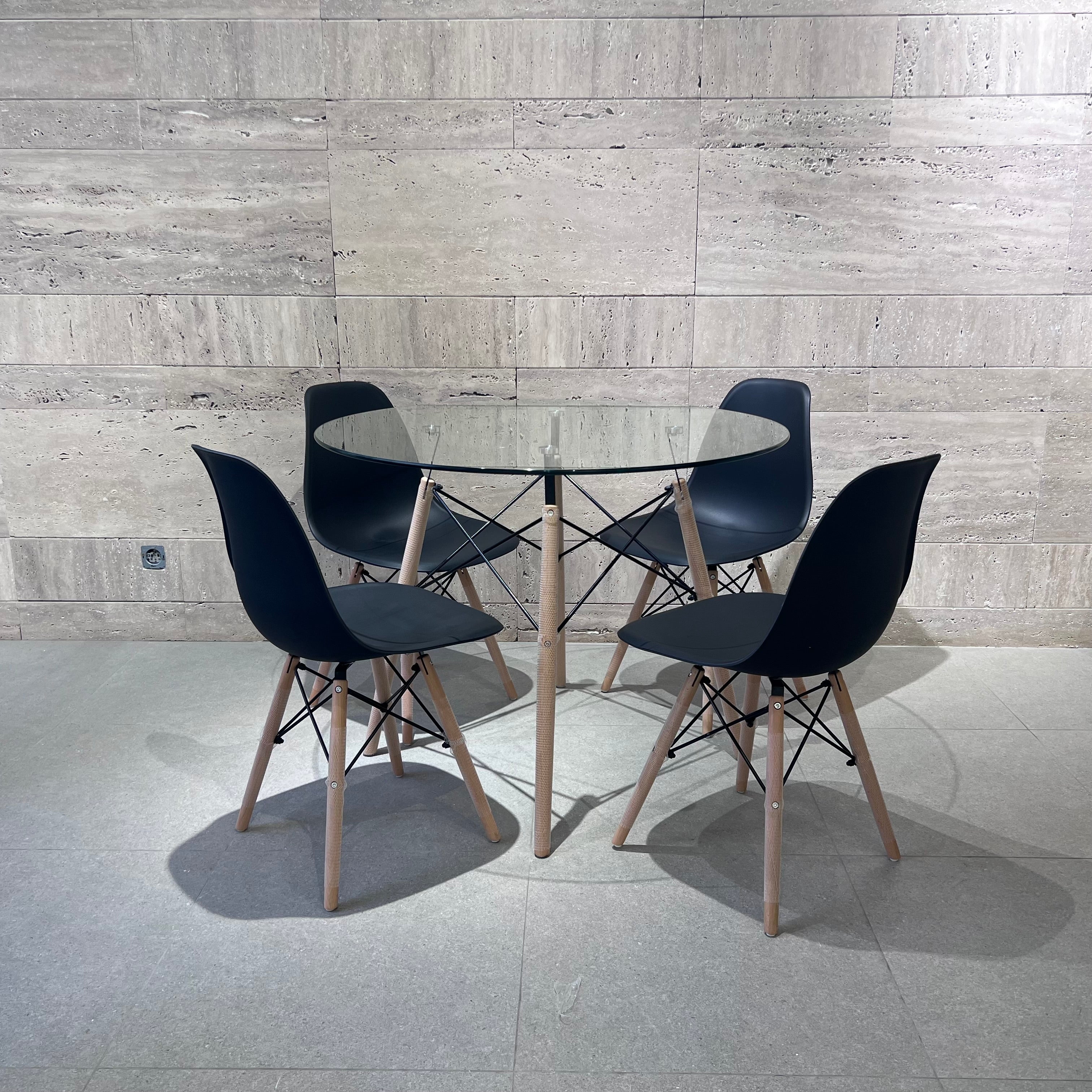 TABLA A MANGER 1M EN VERRE +4 CHAISES SCANDY ( couleurs au choix)