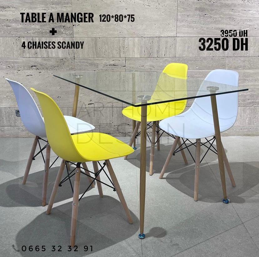 TABLE A MANGER EN VERRE 120*80 CM AVEC 4 CHAISES SCANDY
