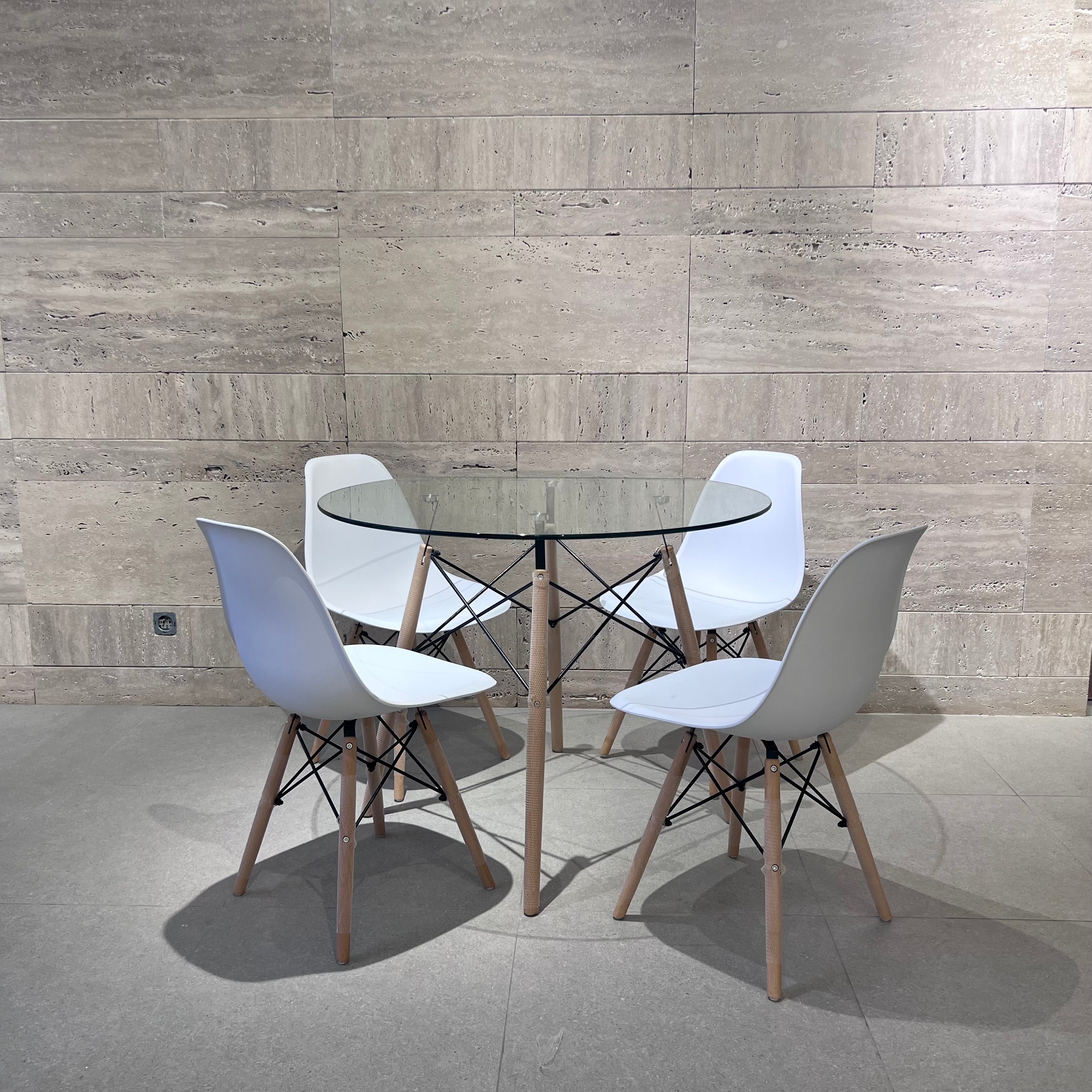 TABLA A MANGER 1M EN VERRE +4 CHAISES SCANDY ( couleurs au choix)