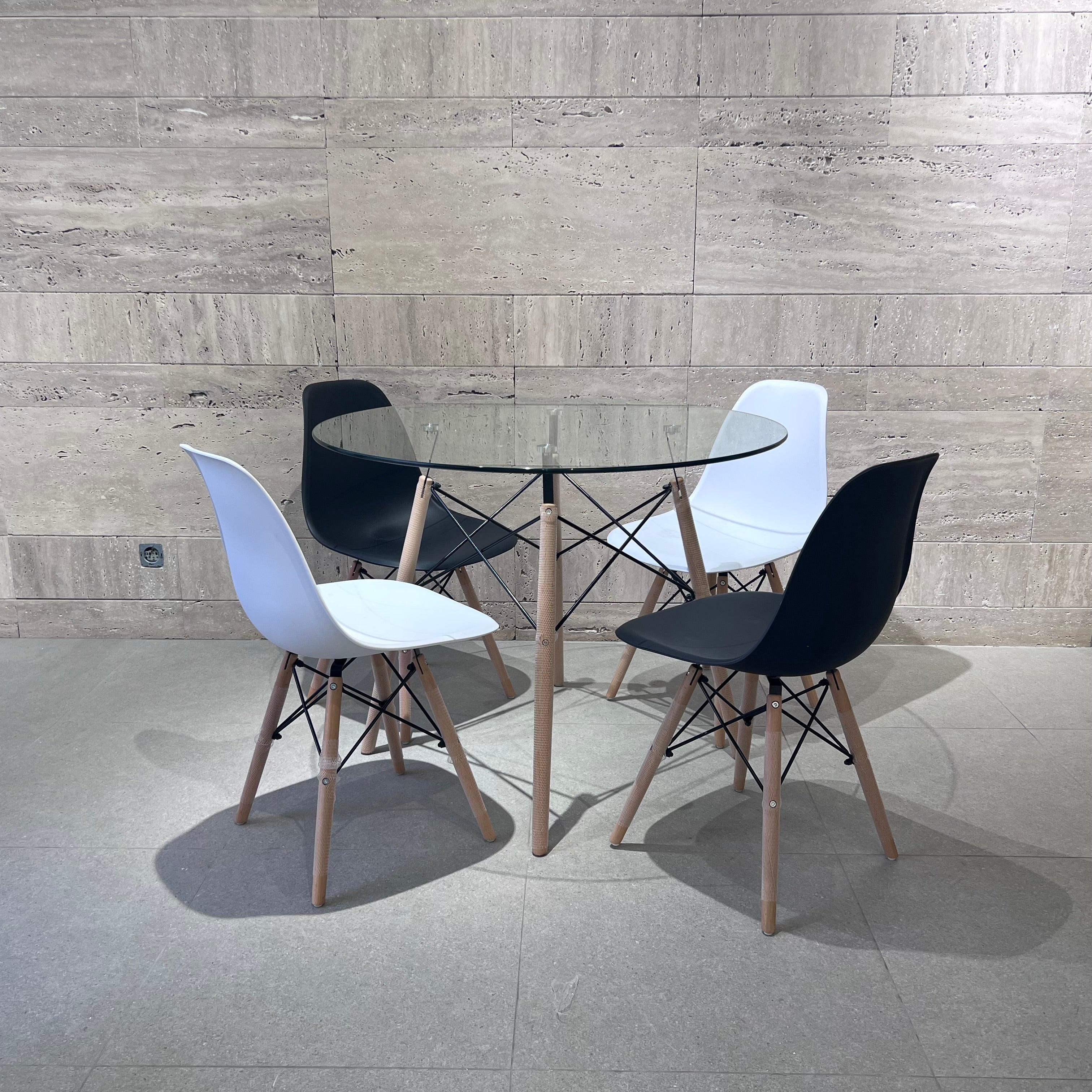 TABLA A MANGER 1M EN VERRE +4 CHAISES SCANDY ( couleurs au choix)