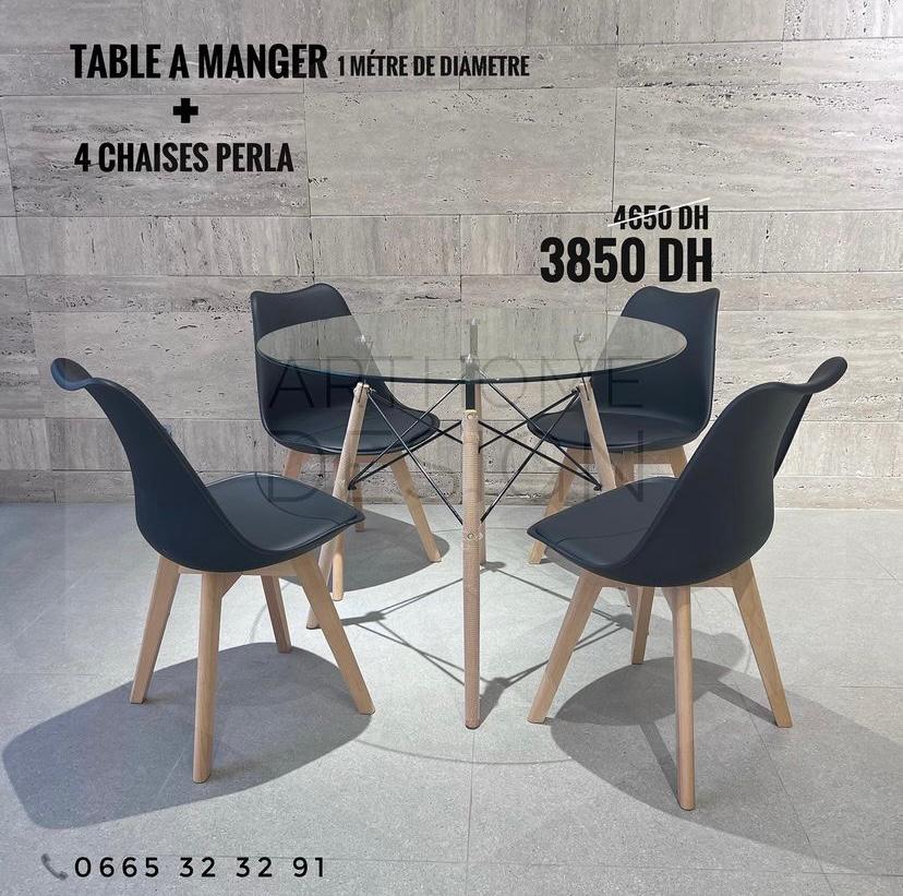 TABLA A MANGER 1M EN VERRE +4 CHAISES PERLA