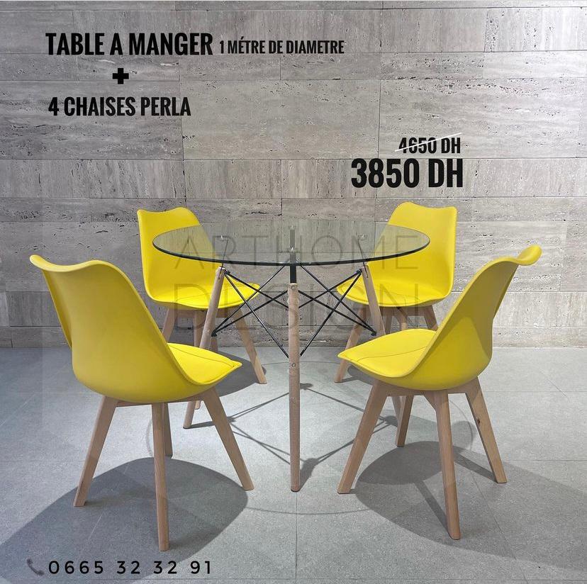 TABLA A MANGER 1M EN VERRE +4 CHAISES PERLA