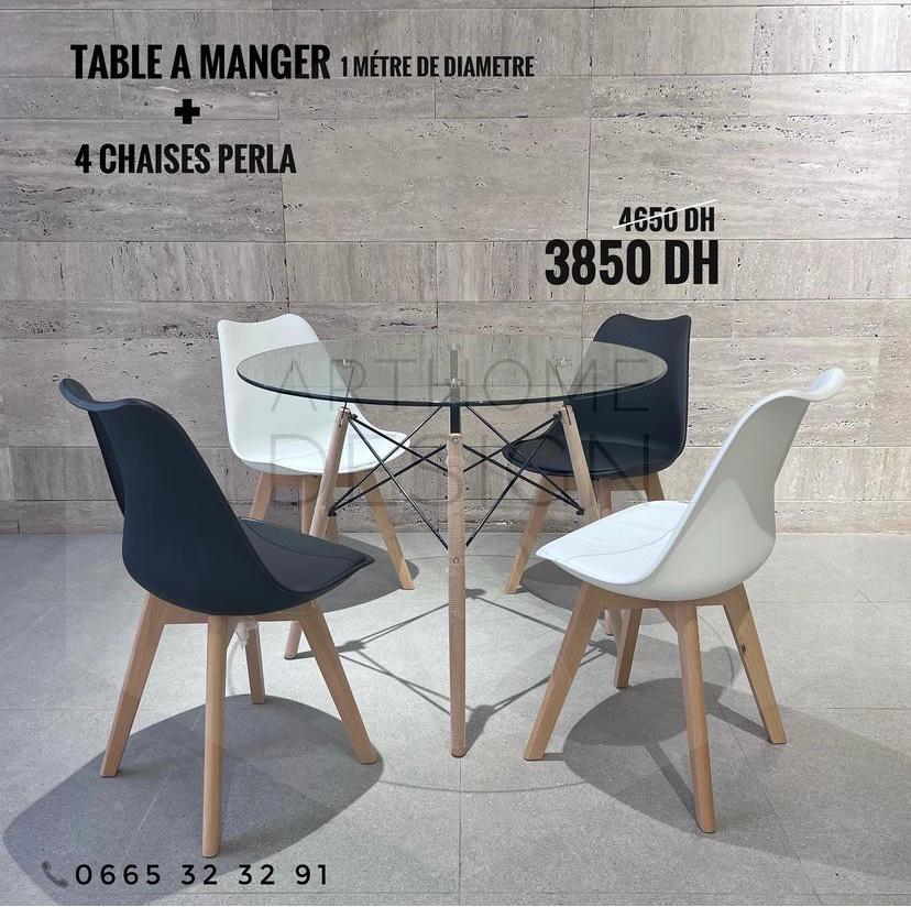 TABLA A MANGER 1M EN VERRE +4 CHAISES PERLA