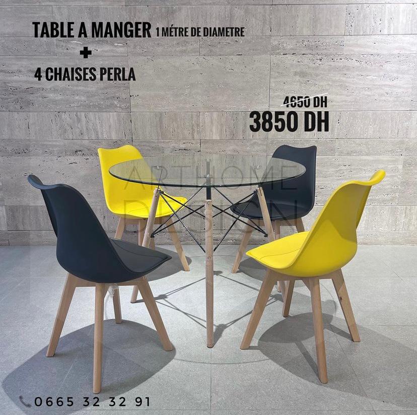 TABLA A MANGER 1M EN VERRE +4 CHAISES PERLA