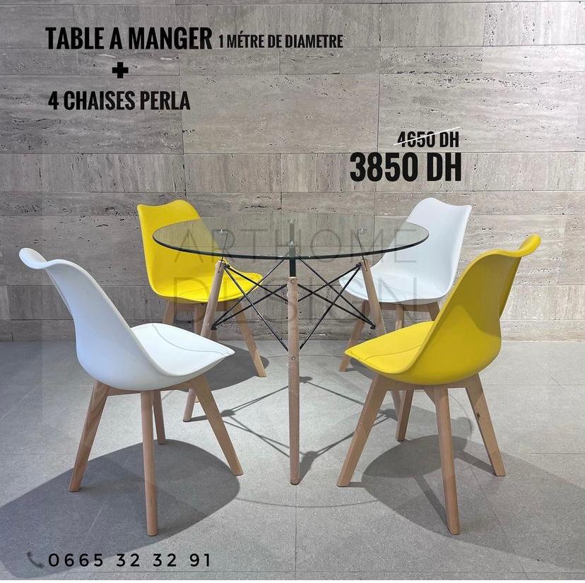 TABLA A MANGER 1M EN VERRE +4 CHAISES PERLA