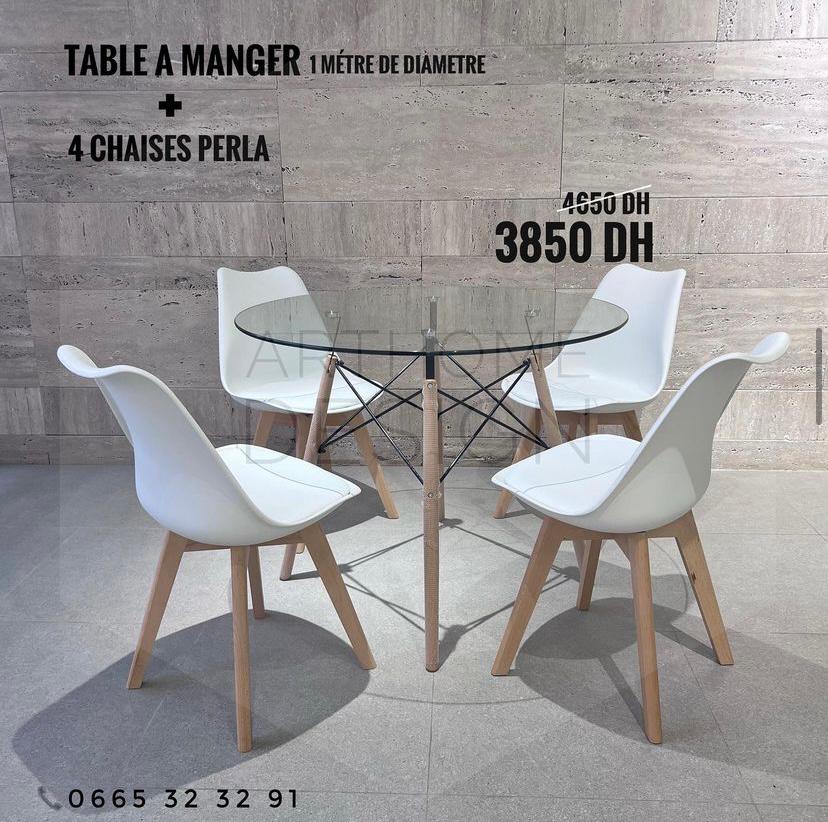 TABLA A MANGER 1M EN VERRE +4 CHAISES PERLA