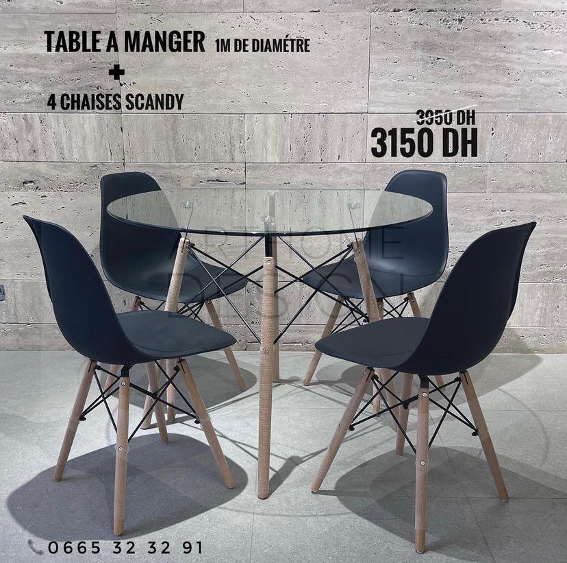TABLA A MANGER 1M EN VERRE +4 CHAISES SCANDY